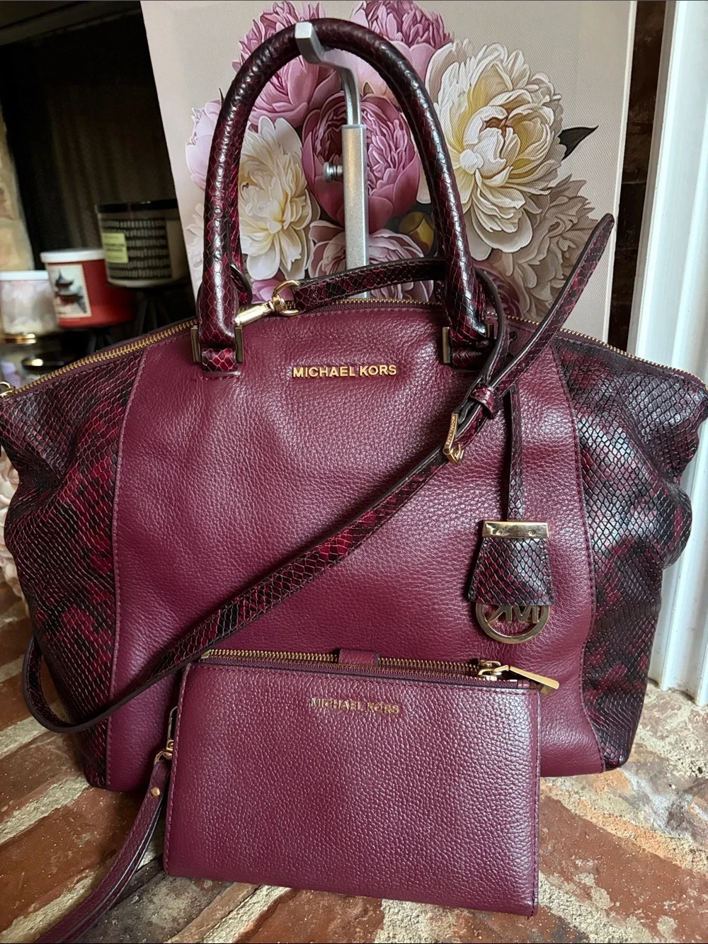 Michael Kors Plum Leather Satchel with Snake-Trim and Wristlet